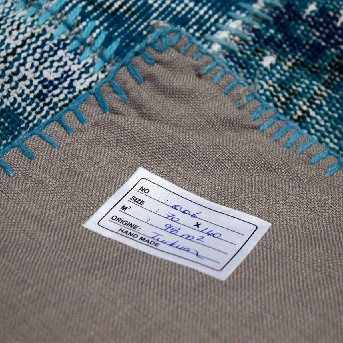 High-quality VINTAGE patchwork rug, original hand-knotted wool rug in turquoise blue; 70 x 140 cm - P0006A-zoom-4