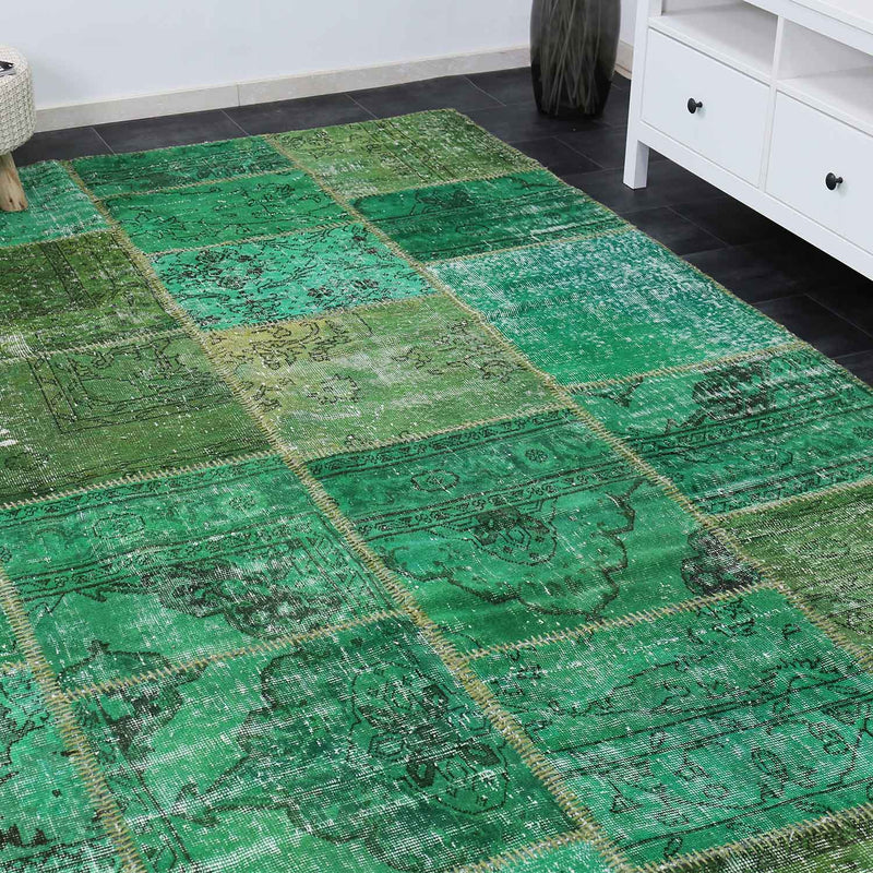 High-quality VINTAGE patchwork rug, original hand-knotted wool rug in green; 200 x 290 cm - 008-zoom-