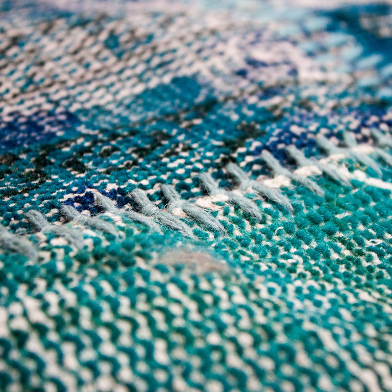 High-quality VINTAGE patchwork rug, original hand-knotted wool rug in turquoise blue; 70 x 140 cm - P0006A-zoom-