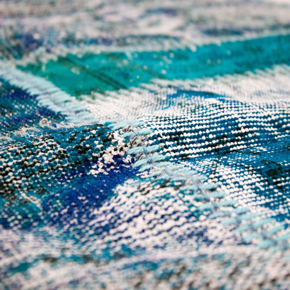 High-quality VINTAGE patchwork rug, original hand-knotted wool rug in turquoise blue; 70 x 140 cm - P0006A-zoom-2