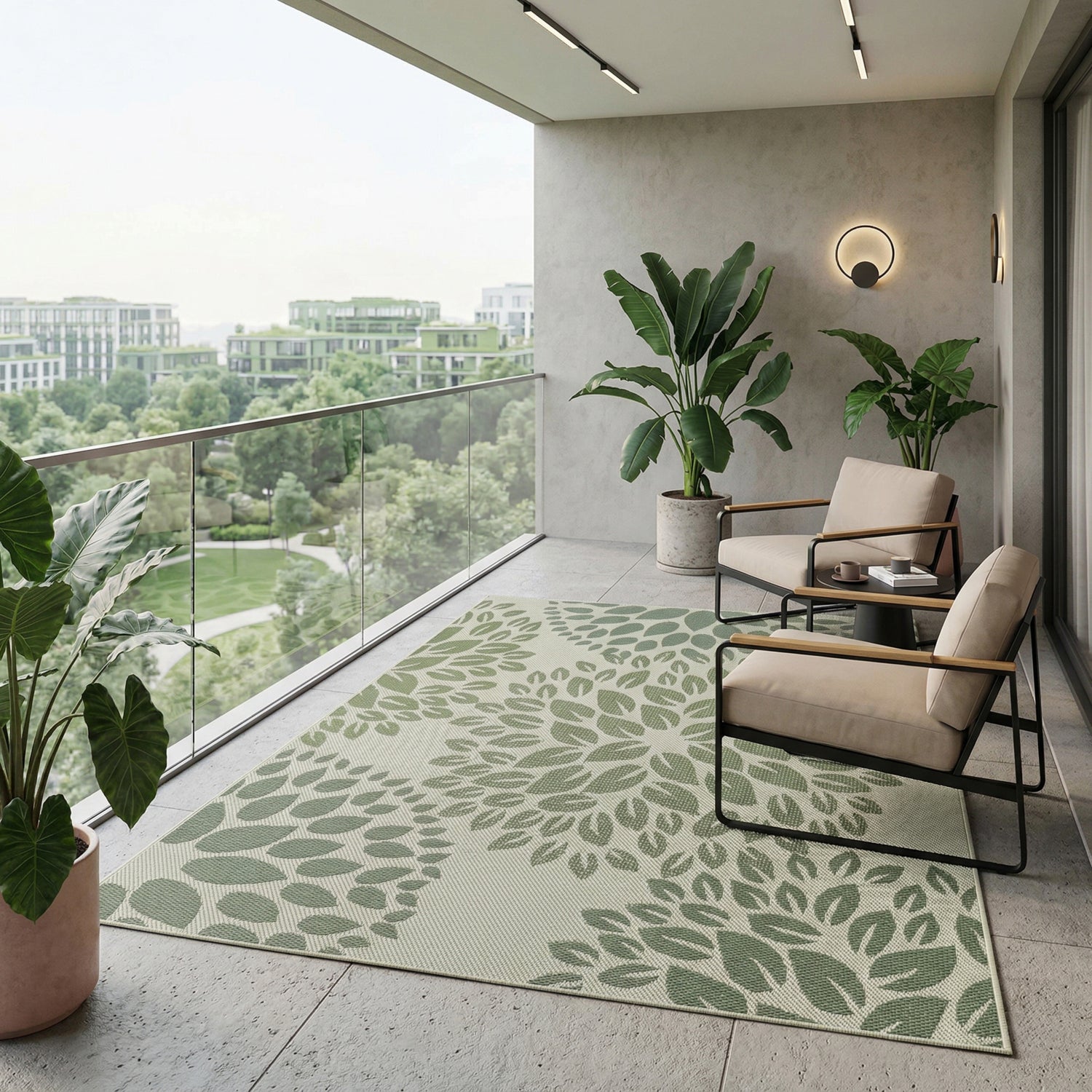 Indoor and outdoor flatweave patio & balcony kitchen rug floral design green