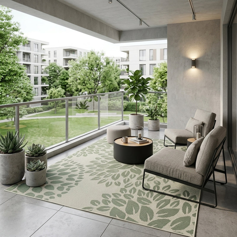 Indoor and outdoor flatweave patio & balcony kitchen rug floral design green-zoom-
