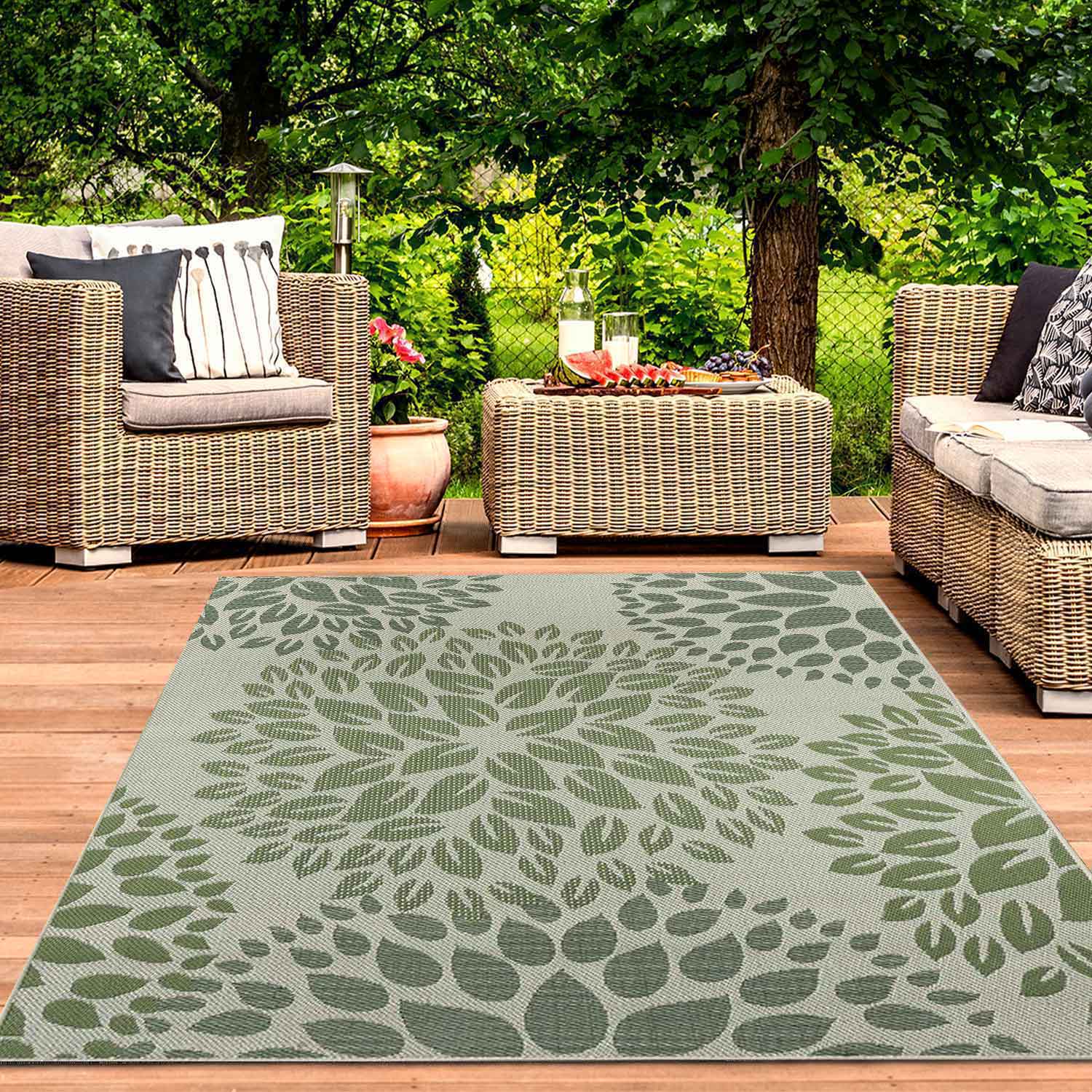 Indoor and outdoor flatweave patio & balcony kitchen rug floral design green-6