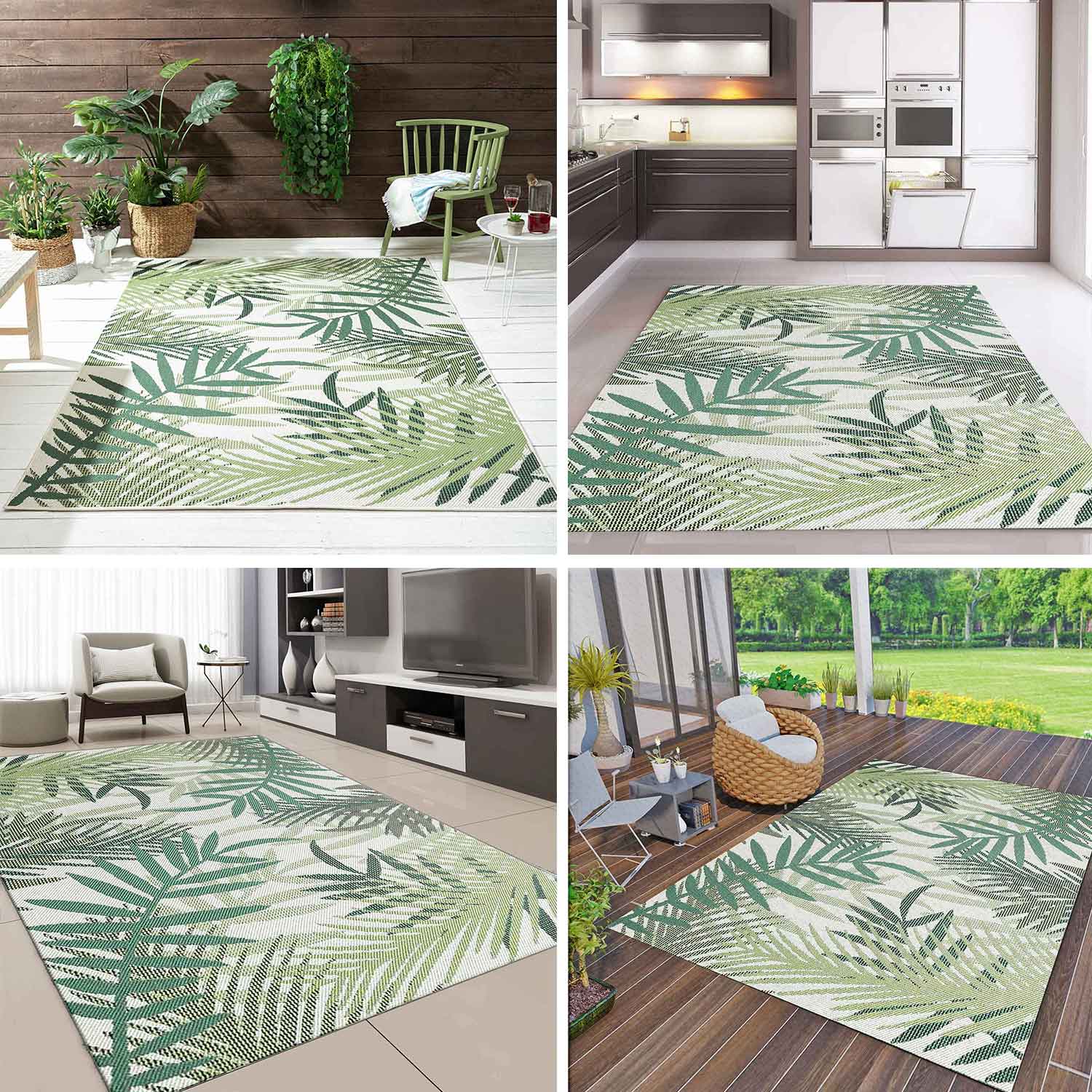 Indoor and outdoor flatweave patio & balcony kitchen rug palm design green-6