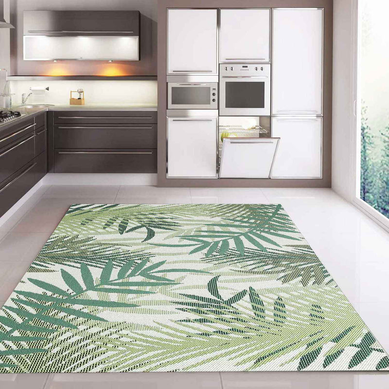 Indoor and outdoor flatweave patio & balcony kitchen rug palm design green-zoom-