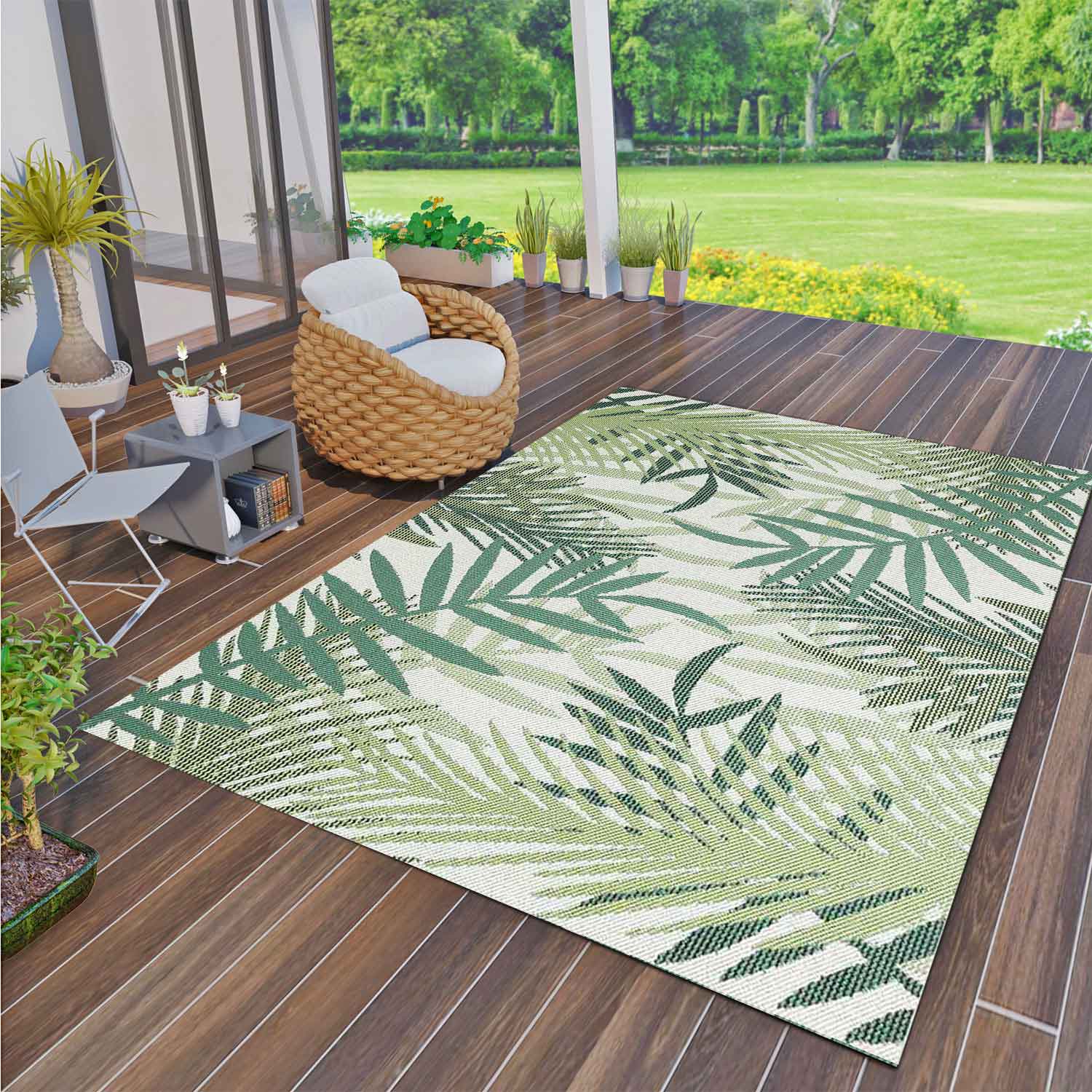 Indoor and outdoor flatweave patio & balcony kitchen rug palm design green-zoom-9