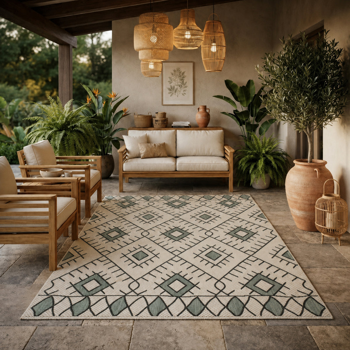 Indoor and outdoor flatweave patio & balcony kitchen rug diamond boho design-2
