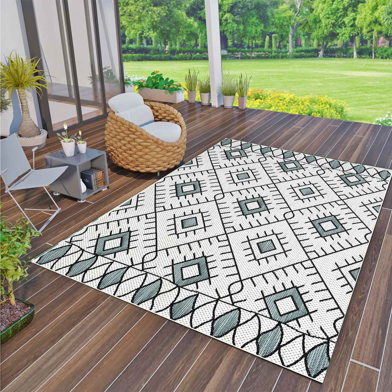 Indoor and outdoor flatweave patio & balcony kitchen rug diamond boho design-zoom-1