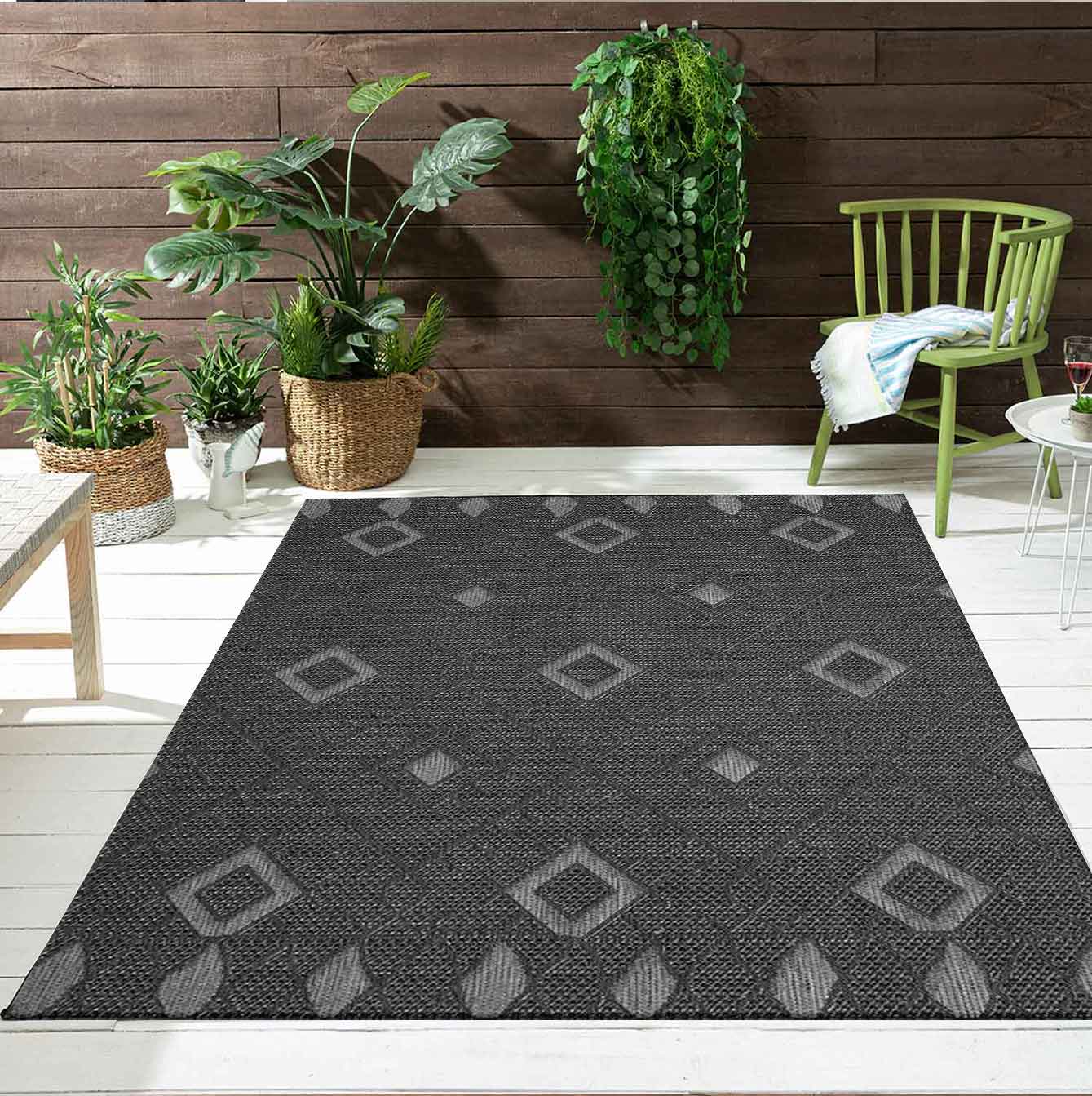 Indoor and outdoor flatweave patio & balcony kitchen rug diamond pattern boho grey-1