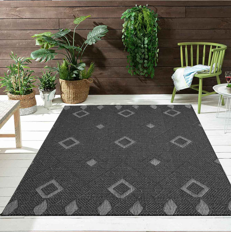 Indoor and outdoor flatweave patio & balcony kitchen rug diamond pattern boho grey-zoom-