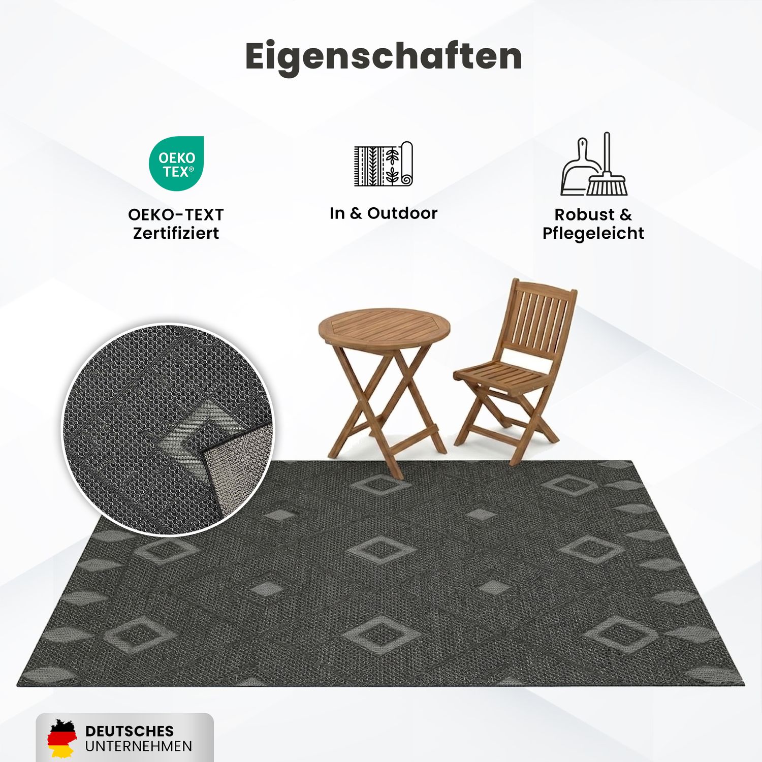 Indoor and outdoor flatweave patio & balcony kitchen rug diamond pattern boho grey-6