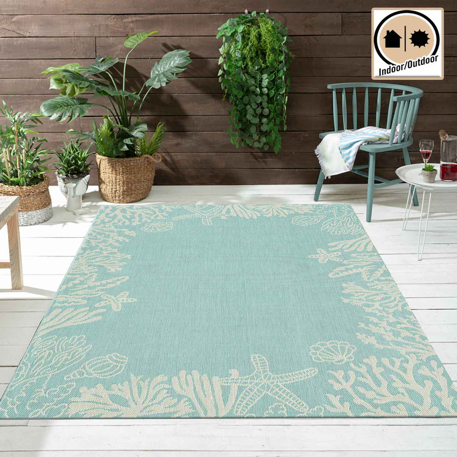 Indoor and outdoor rug, patio & balcony, kitchen rug, sea design, shells, turquoise-1
