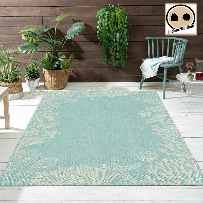 Indoor and outdoor rug, patio & balcony, kitchen rug, sea design, shells, turquoise-zoom-