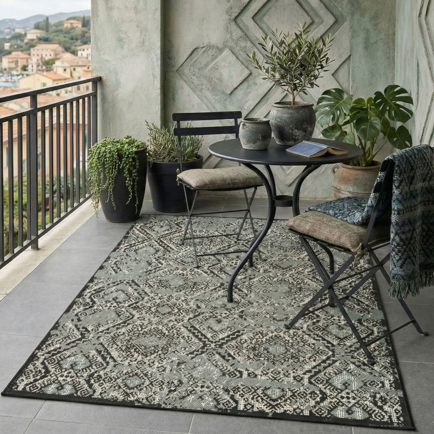 Indoor and outdoor rug, patio & balcony, kitchen rug, diamond design, black & green-zoom-1