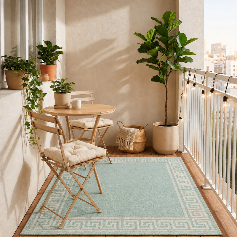 Indoor and outdoor flatweave rugs for balcony, kitchen, border look in blue & turquoise-zoom-