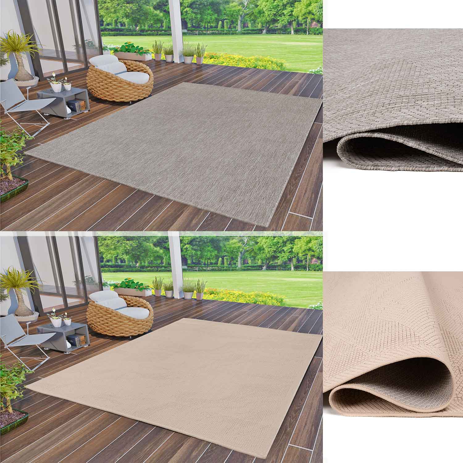 Indoor and outdoor flatweave rugs for patios, natural look in grey & beige