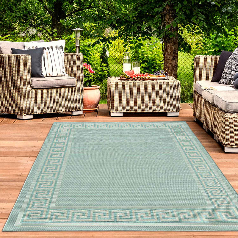 Indoor and outdoor flatweave rugs for balcony, kitchen, border look in blue & turquoise-zoom-