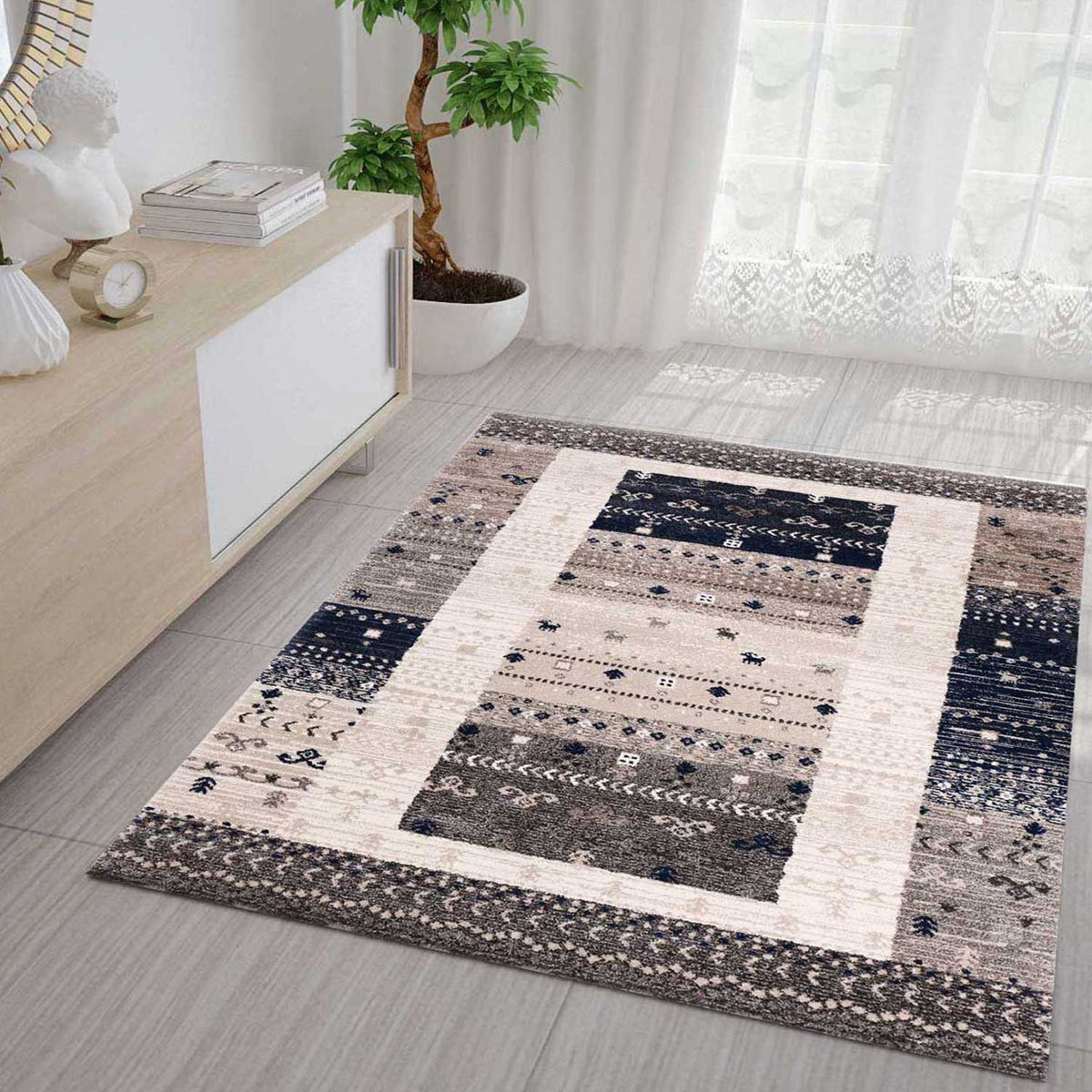 Living room rug boho ethnic scandi modern Moroccan pattern grey beige blue with gradient color