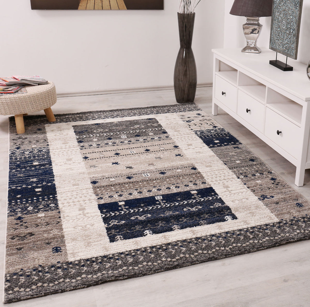 Living room rug boho ethnic scandi modern Moroccan pattern grey beige blue with gradient color