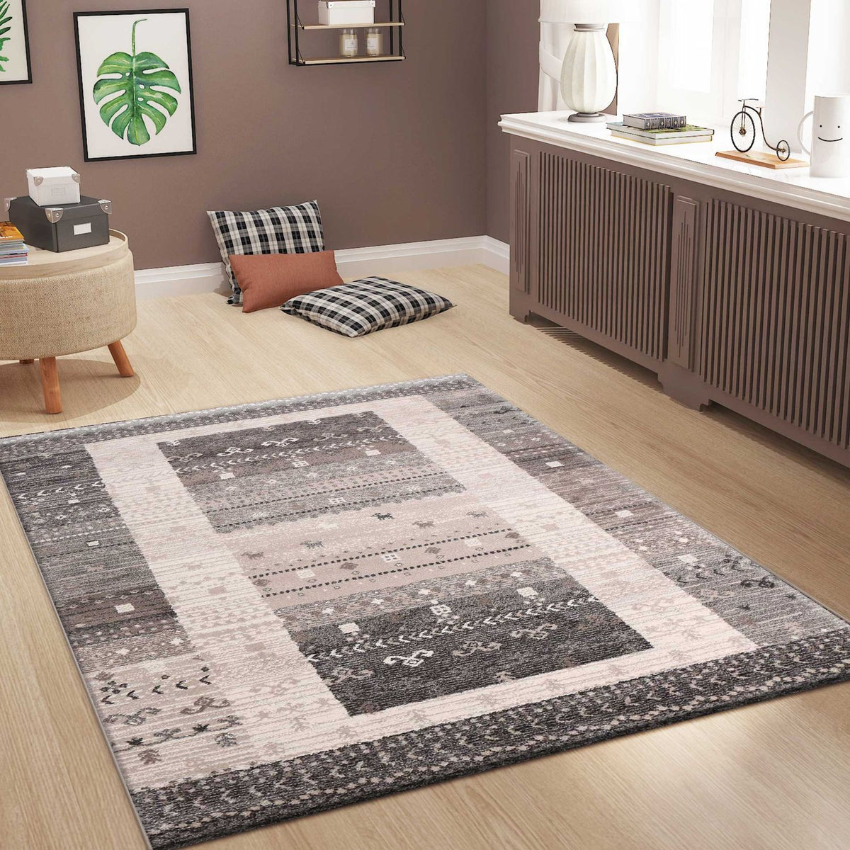 Living Room Rug Boho Ethno Scandi Modern Moroccan Pattern Grey Beige with Color Gradient