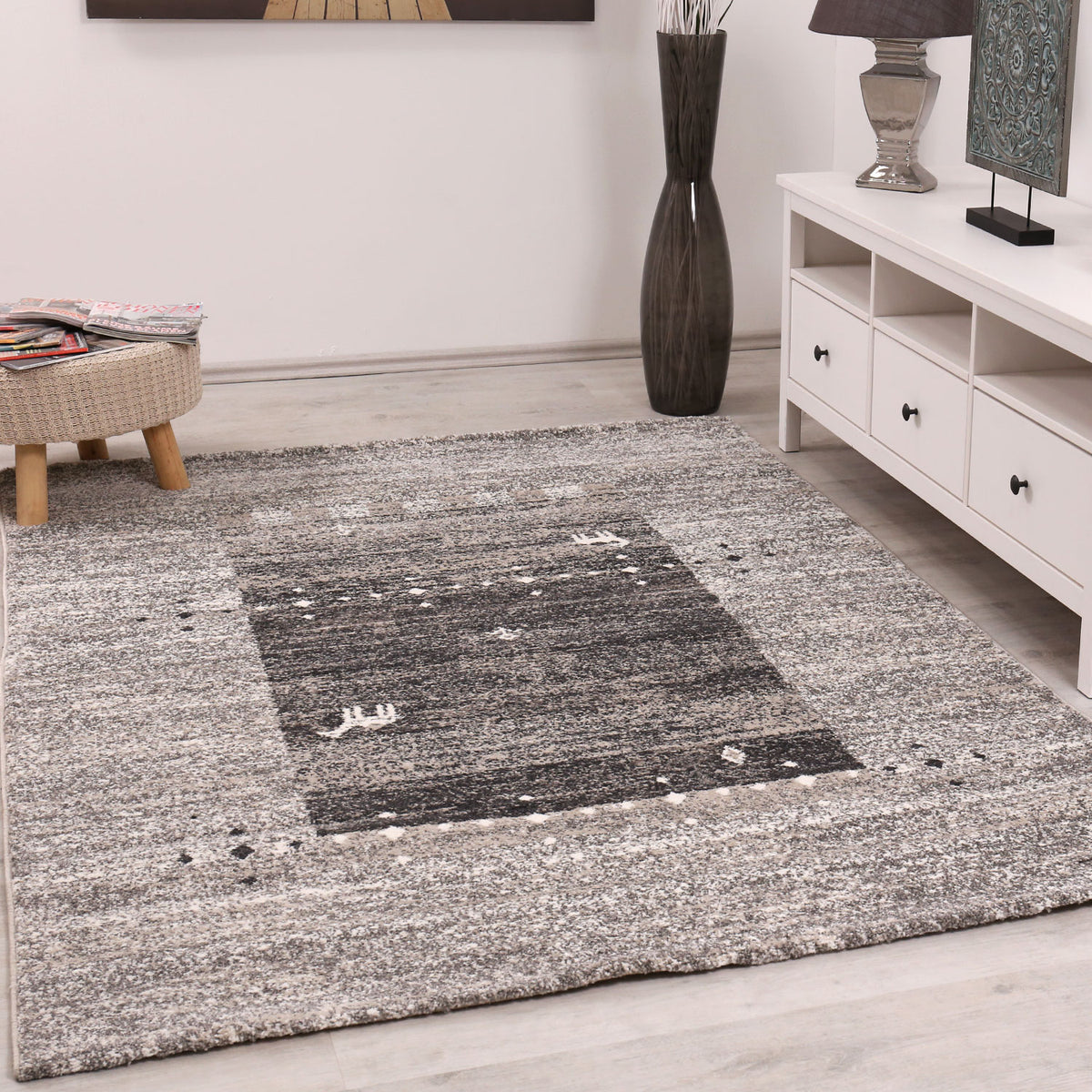 Living Room Rug Boho Ethnic Scandi Modern Moroccan Pattern Grey Beige with Gradient-1