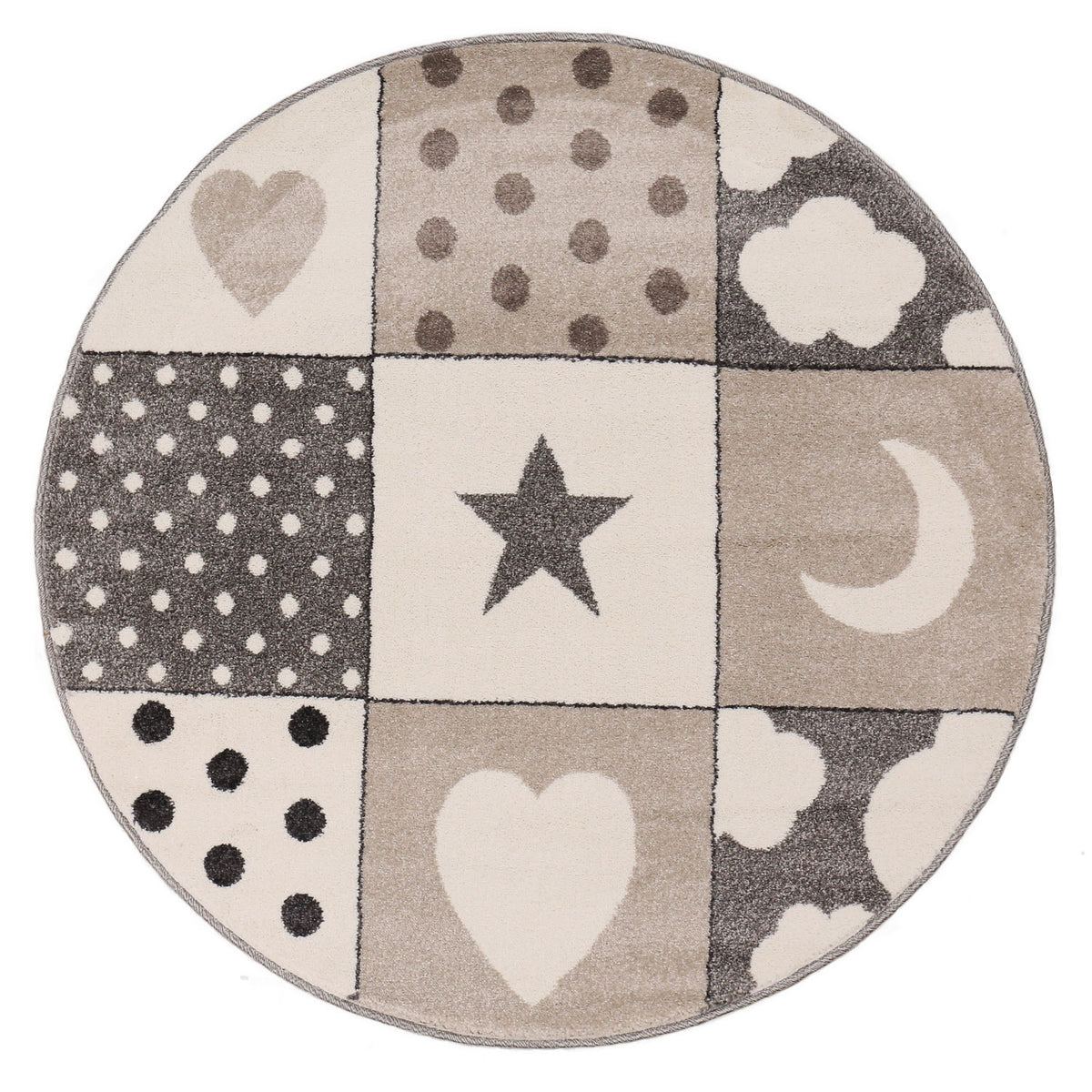 Children's Rug | Baby Rug | Patchwork Cloud, Heart, Stars, Moon, Dots | Children's Rug for Girls and Boys | Rug for Children's Room | Color: Gray, Beige & Cream