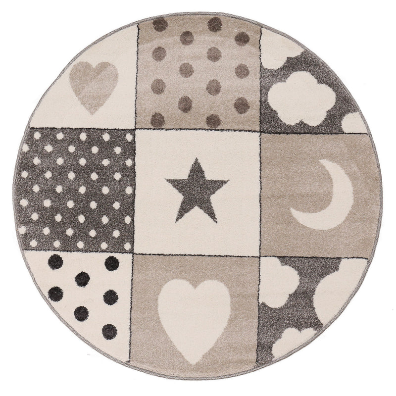 Children's Rug | Baby Rug | Patchwork Cloud, Heart, Stars, Moon, Dots | Children's Rug for Girls and Boys | Rug for Children's Room | Color: Gray, Beige & Cream-zoom-