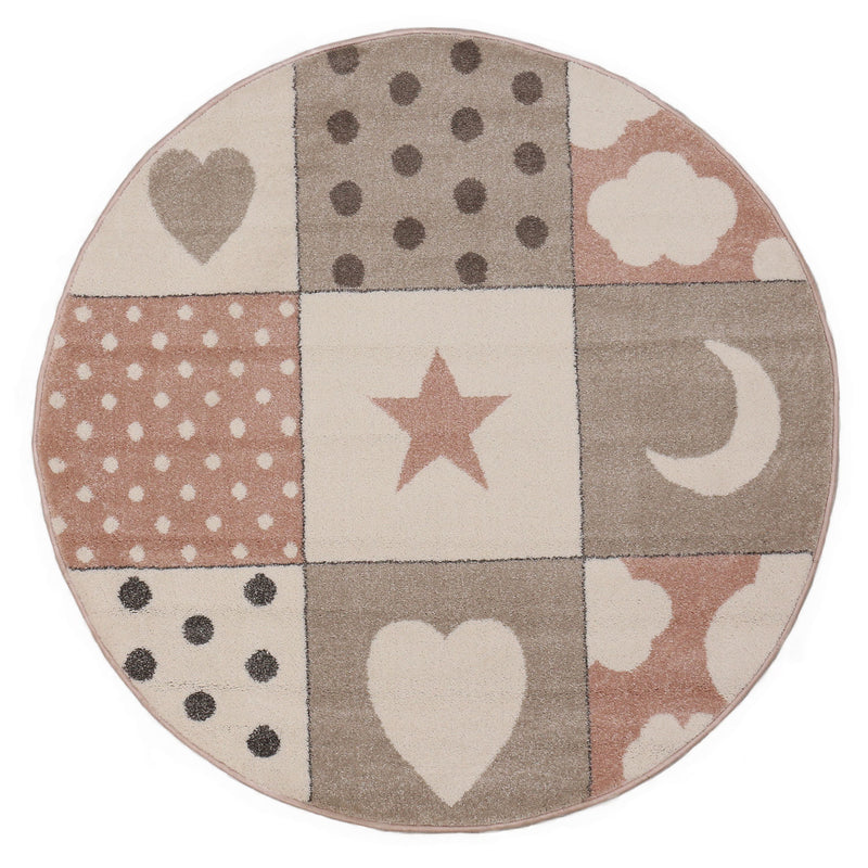 Children's Rug Baby Rug Patchwork Cloud Heart Stars Moon Dots | Children's Rug for Girls and Boys | Rug for Nursery | Color: Pink Beige Brown & Cream-zoom-
