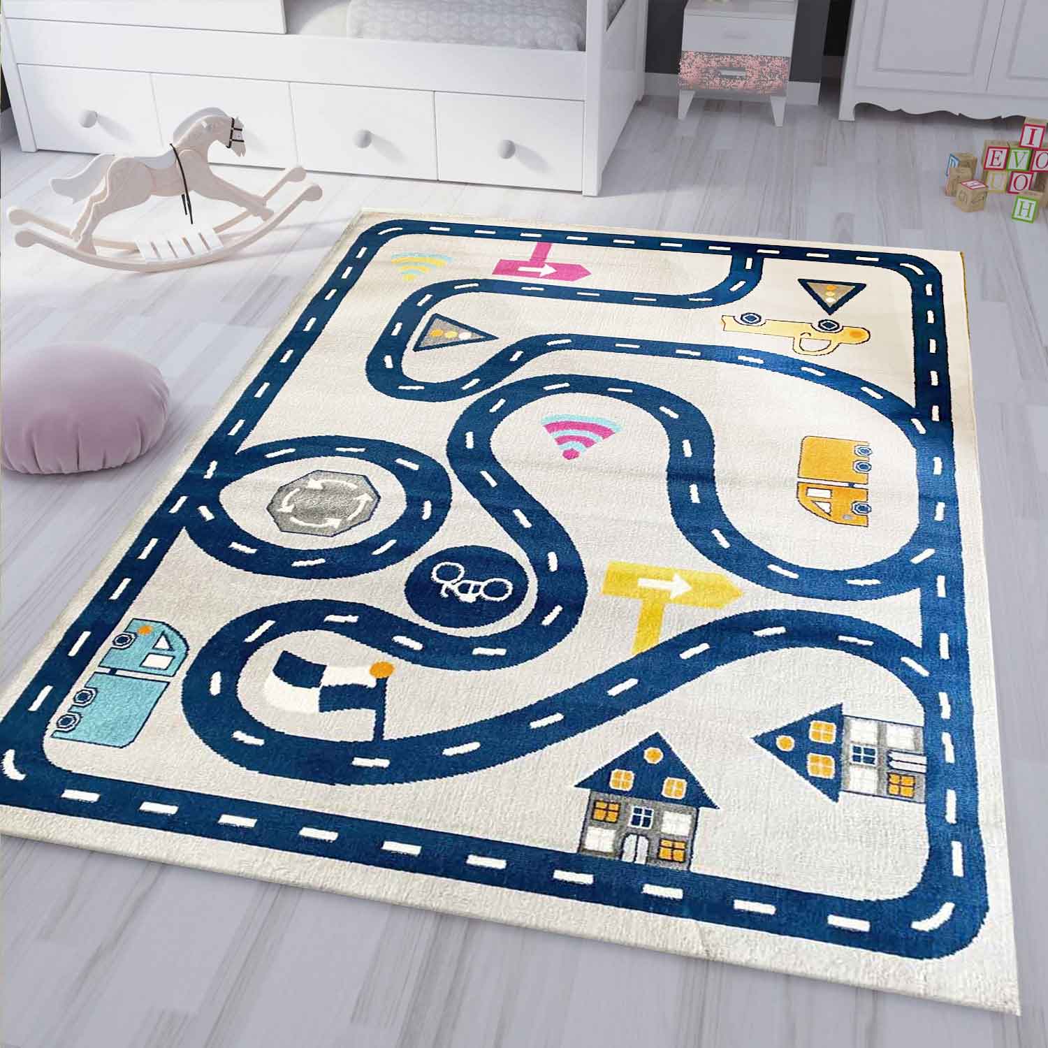 Kids' Rug Play Rug Road Car Traffic | Rug for Children's Room | Grey or Blue-1