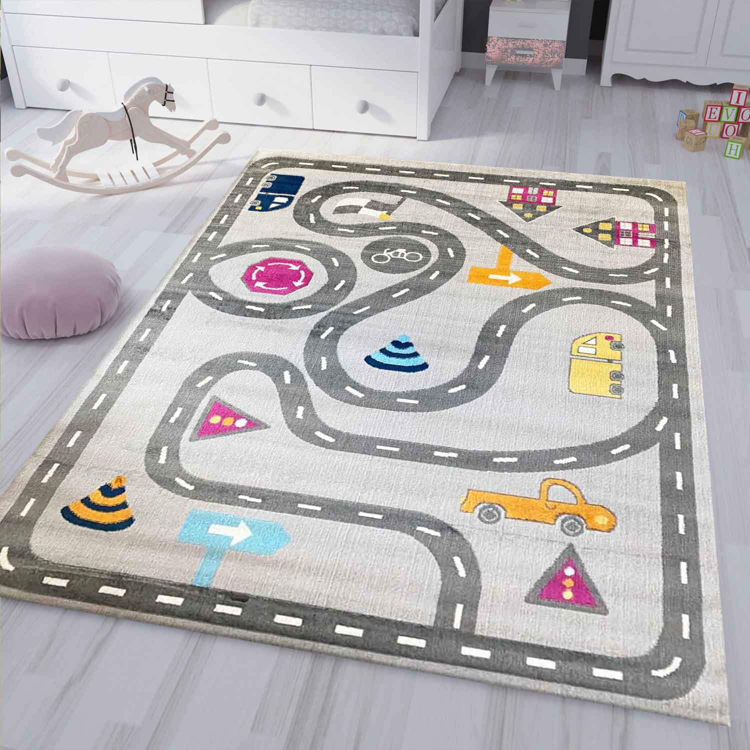 Kids' Rug Play Rug Road Car Traffic | Rug for Children's Room | Grey or Blue-zoom-5