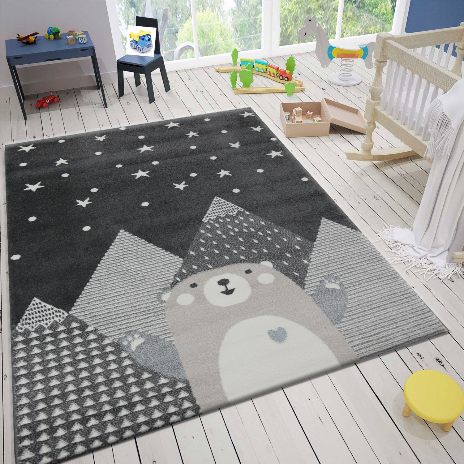 Children's rug, baby rug, kids' rug for girls and boys with a smiling bear motif | Rug for children's rooms | Color: Gray Anthracite & Cream-2