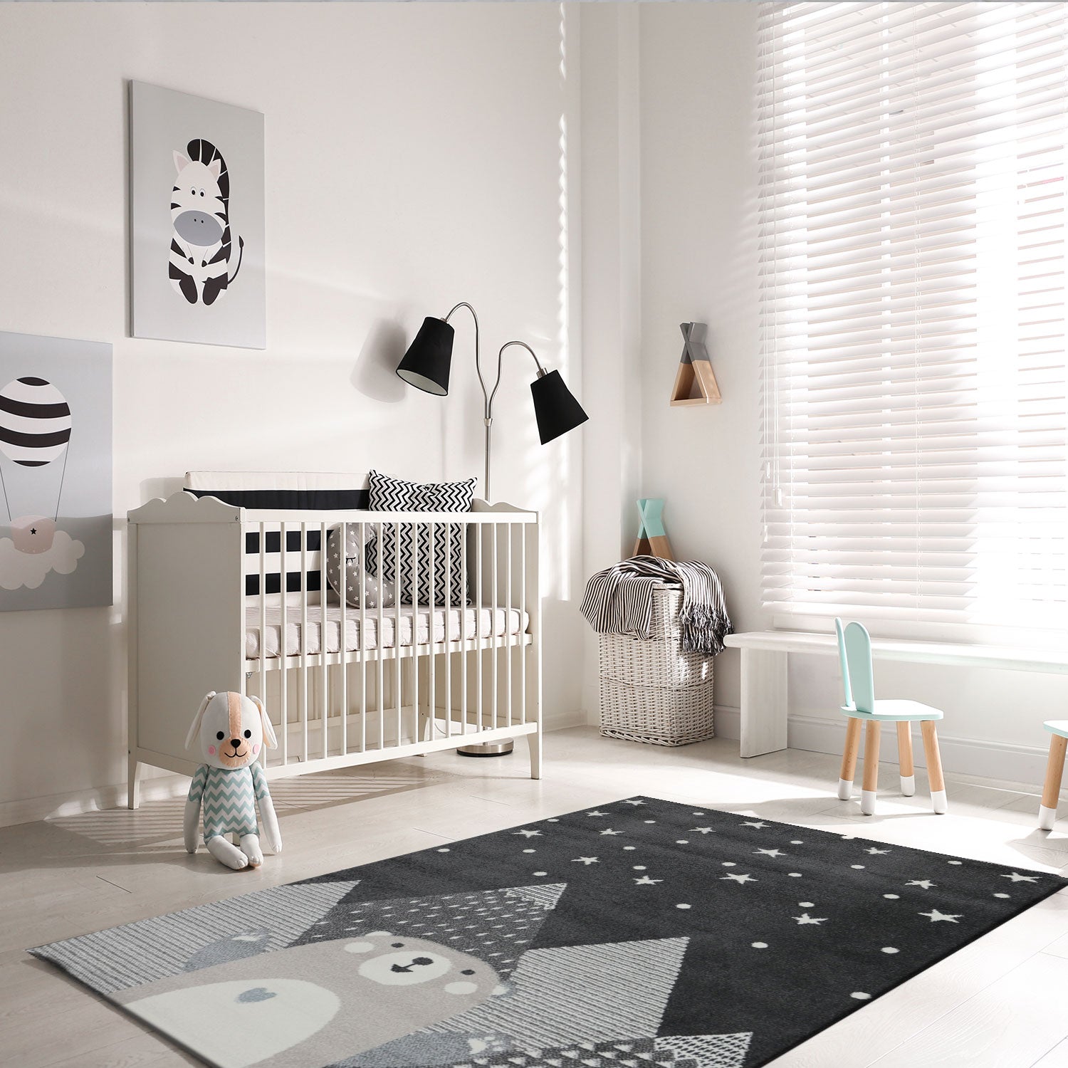 Children's rug, baby rug, kids' rug for girls and boys with a smiling bear motif | Rug for children's rooms | Color: Gray Anthracite & Cream-zoom-1