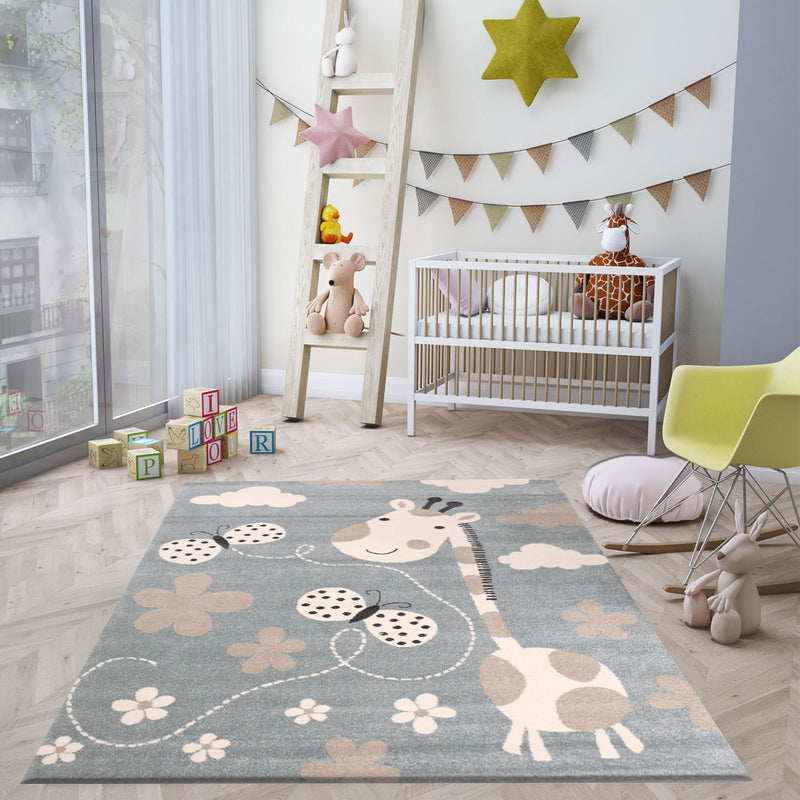 Giraffe children's rug with butterfly and flowers | Children's rug for girls and boys | Blue rug for children's rooms | Children's room rugs-zoom-