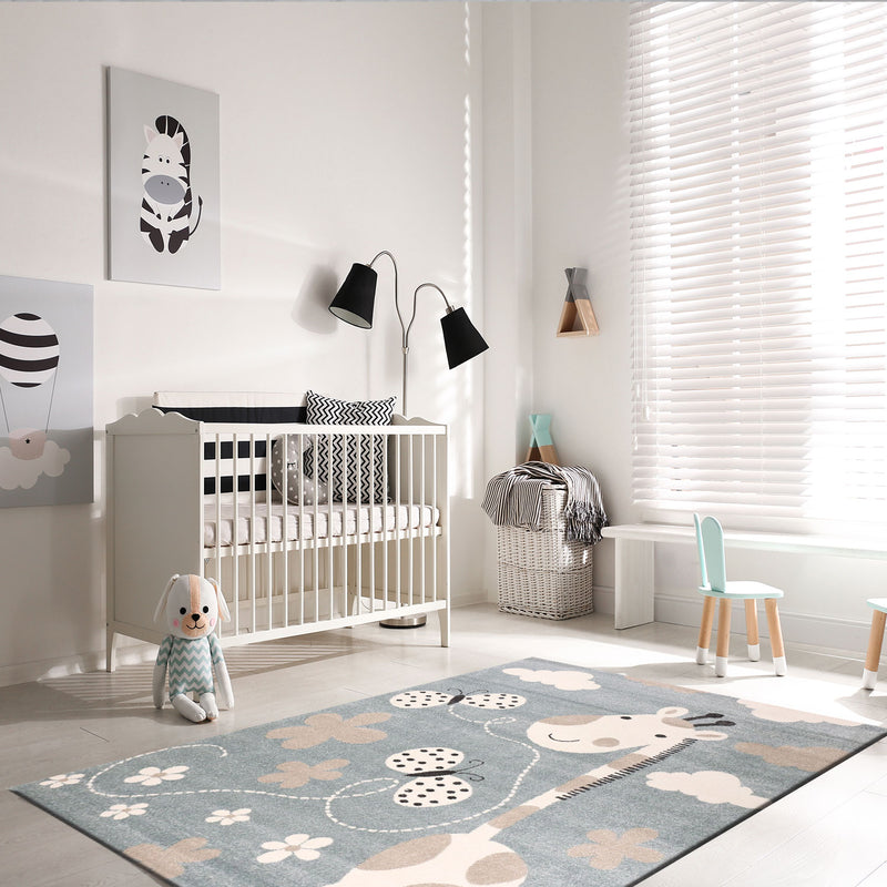 Giraffe children's rug with butterfly and flowers | Children's rug for girls and boys | Blue rug for children's rooms | Children's room rugs-zoom-