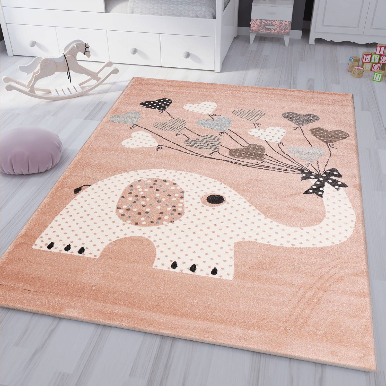 Children's Rugs Hearts with Balloons and Elephant | Children's Rug for Girls and Boys | Rug for Kids' Rooms-1