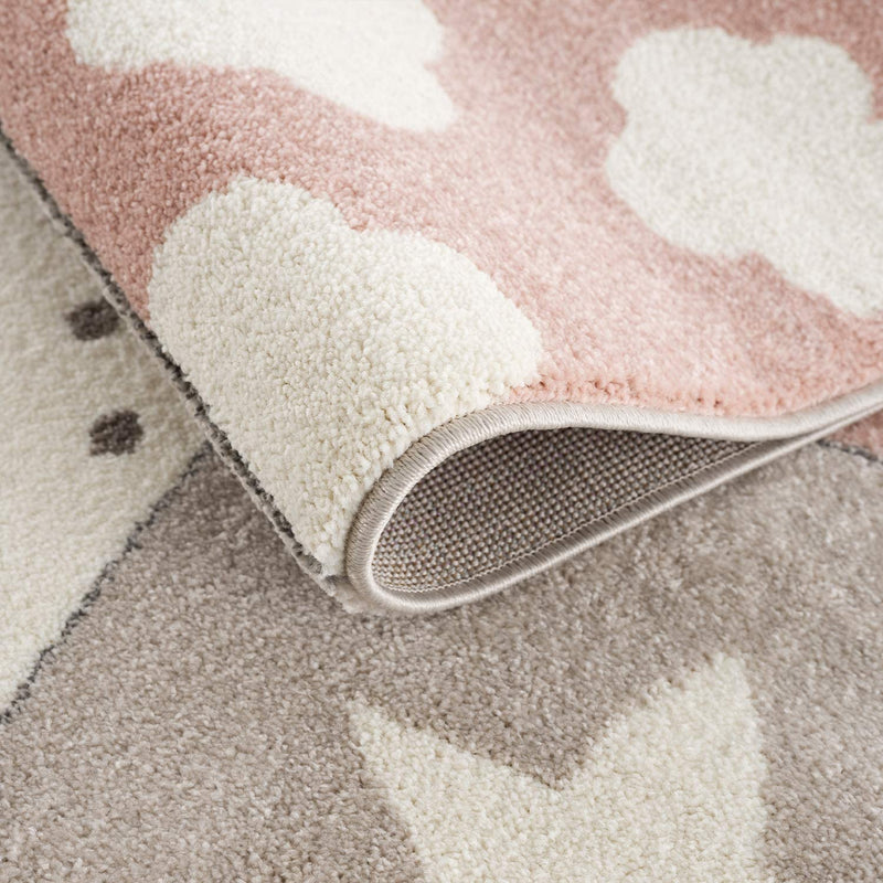 Children's Rug Baby Rug Patchwork Cloud Heart Stars Moon Dots | Children's Rug for Girls and Boys | Rug for Nursery | Color: Pink Beige Brown & Cream-zoom-