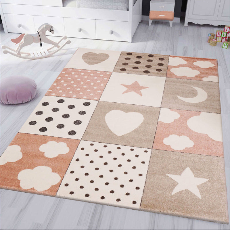 Children's Rug Baby Rug Patchwork Cloud Heart Stars Moon Dots | Children's Rug for Girls and Boys | Rug for Nursery | Color: Pink Beige Brown & Cream-zoom-