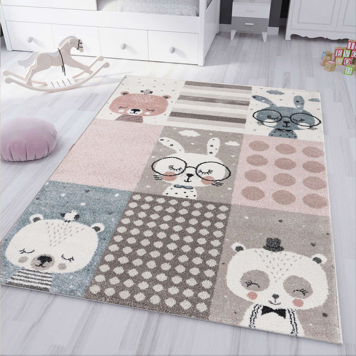 children's rug nursery rug pastel blue brown pink fairy tale animals-1