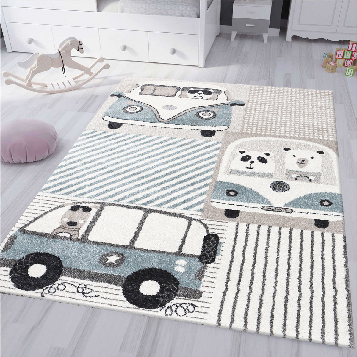 Children's room rug pastel blue cream fable animals car