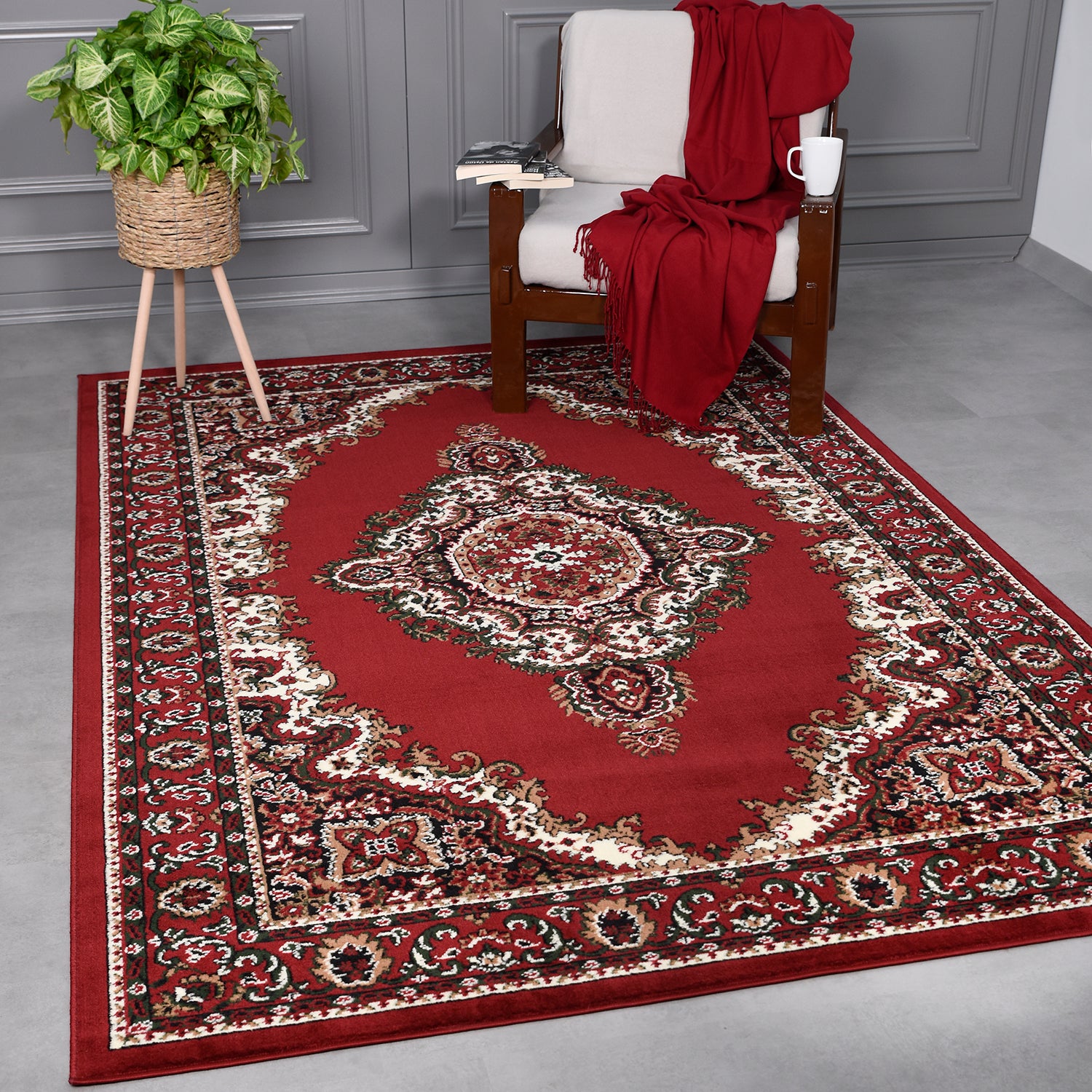 Oriental pattern rug, short pile, classic, for living room, dining room, hallway - beige and red-zoom-1