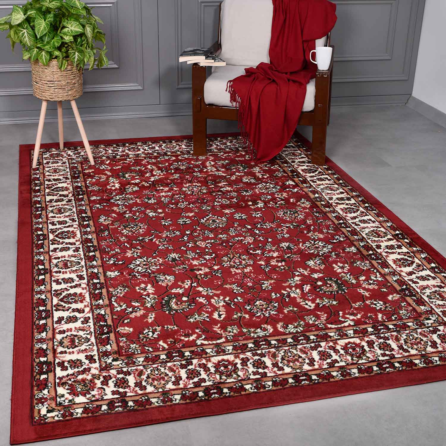 Oriental rug, red and beige, classically densely woven with ornament and floral motifs.-zoom-1
