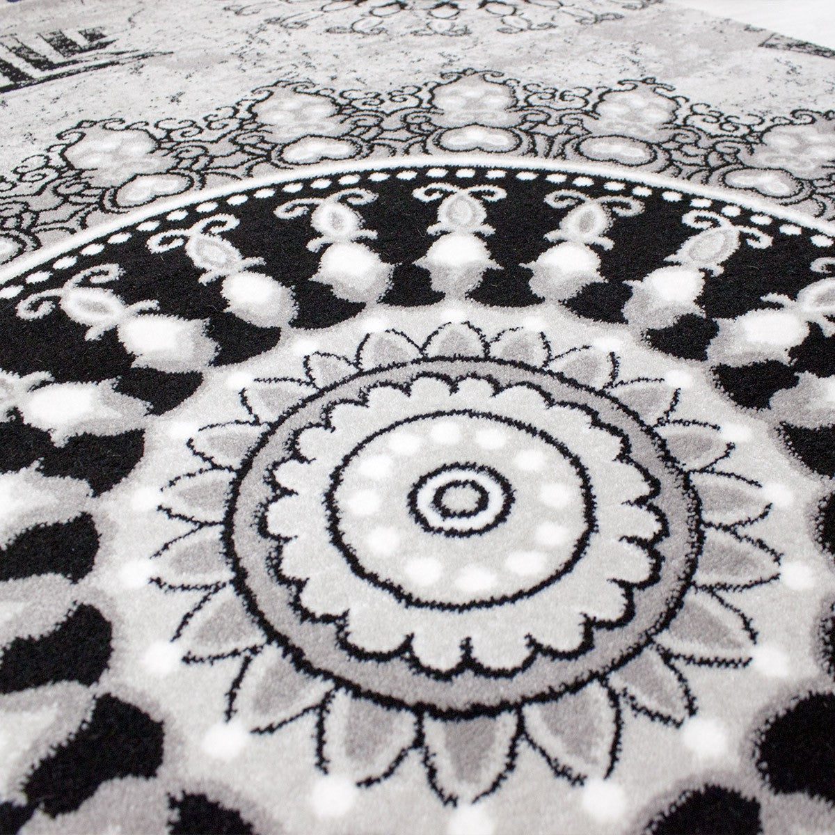 Short-pile rug, classic oriental design, vintage mandala, dark brown, grey, anthracite, for living room, bedroom-zoom-3
