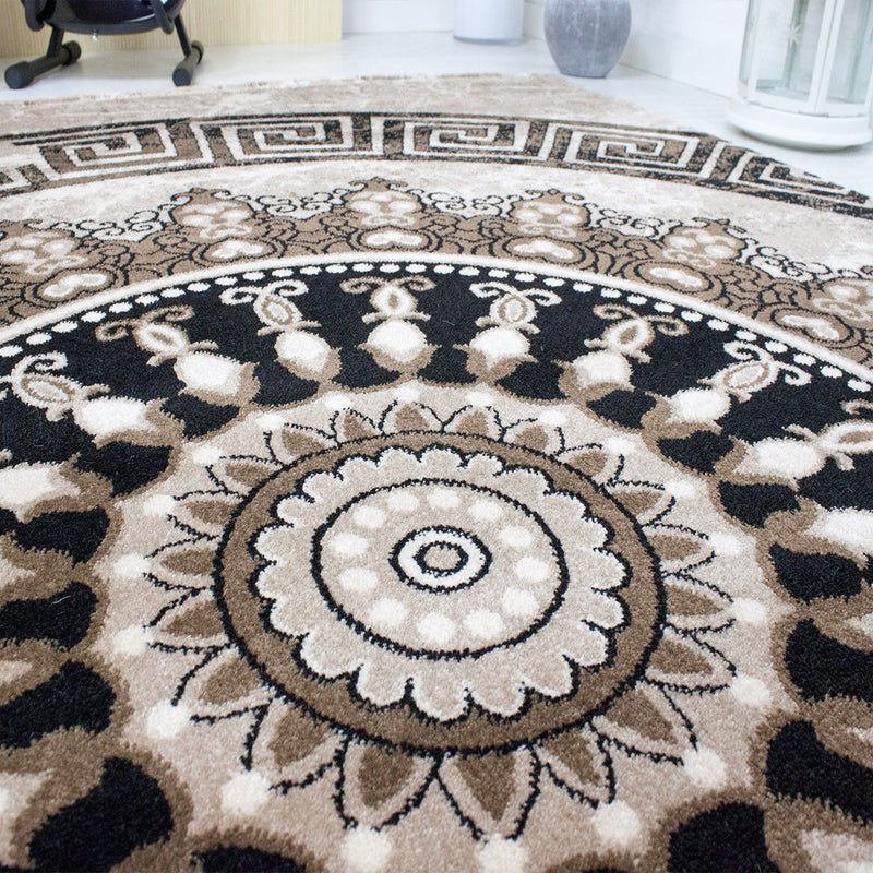 Short-pile rug, classic oriental design, vintage mandala, dark brown, brown, beige, for living room, bedroom-zoom-