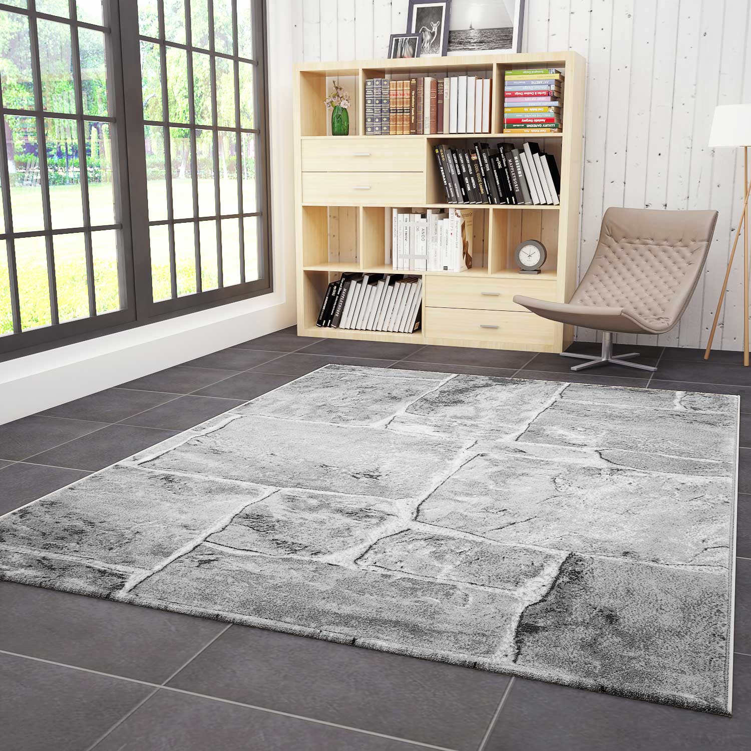 Designer rug, modern stone wall marble look in grey-zoom-1