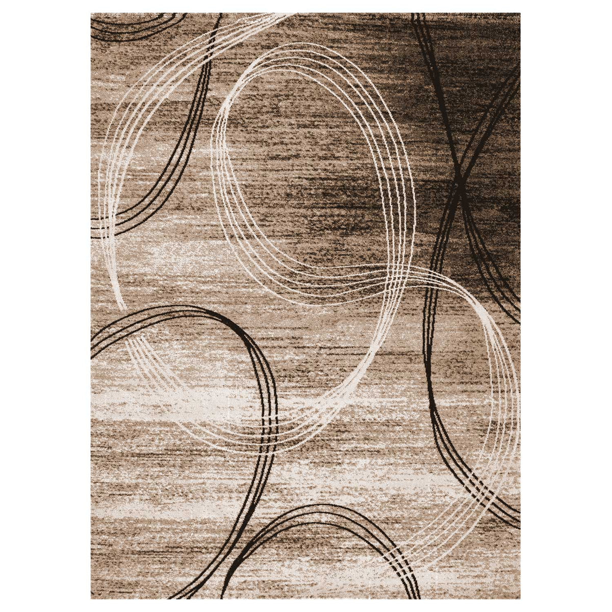 Modern short-pile rug, very densely woven, with a circular pattern, mottled in brown and beige.