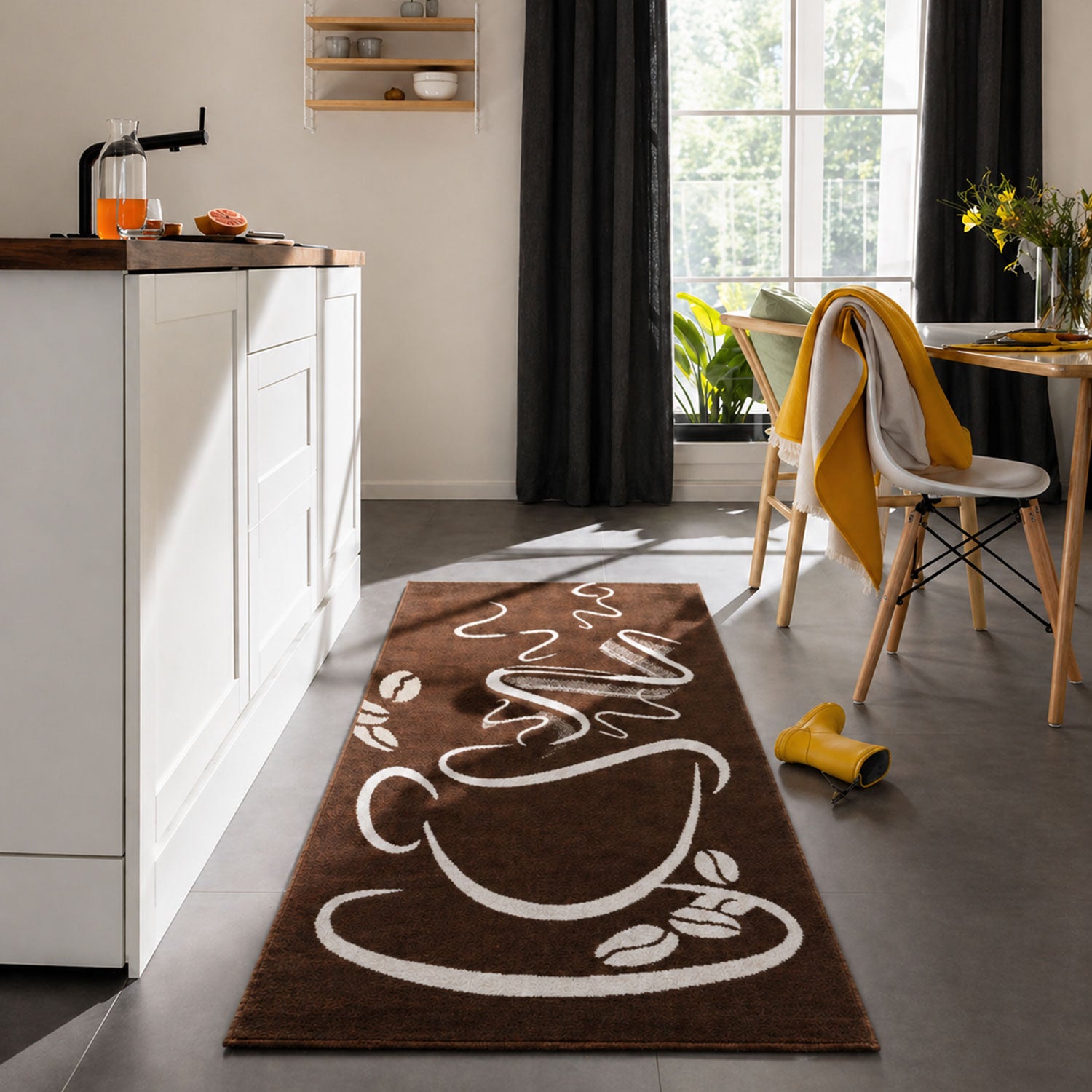 Brown kitchen rug, trendy coffee rug with cappuccino cup pattern, short pile