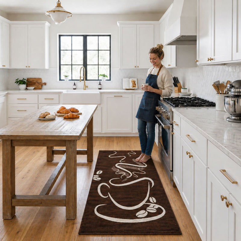 Brown kitchen rug, trendy coffee rug with cappuccino cup pattern, short pile-zoom-