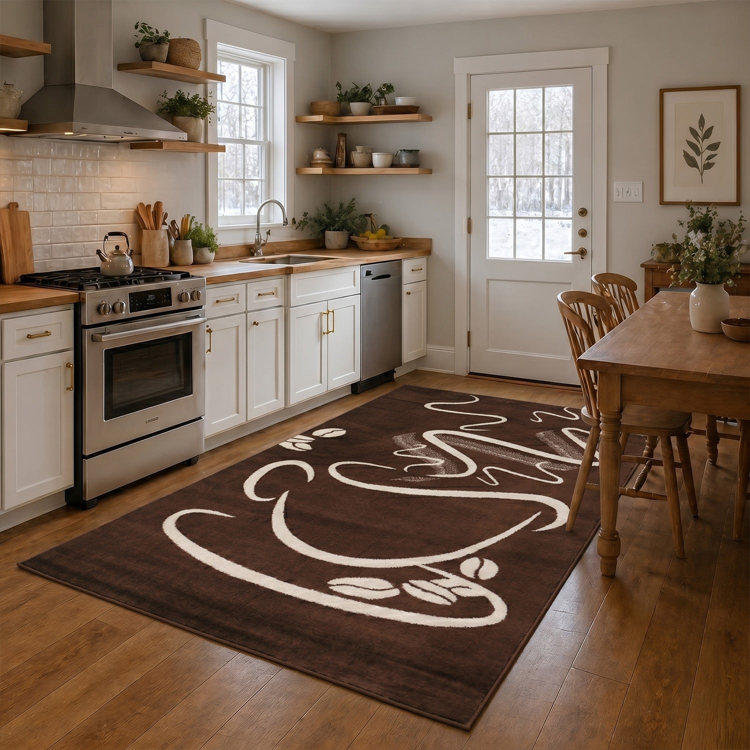 Brown kitchen rug, trendy coffee rug with cappuccino cup pattern, short pile