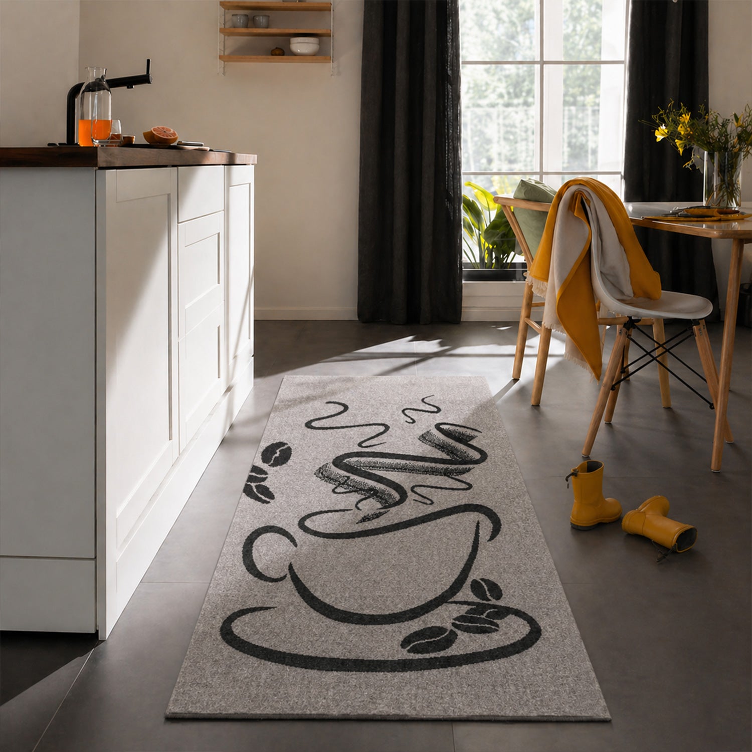 Grey Kitchen Rug, Trendy Coffee Rug, Cappuccino Pattern, Short Pile Kitchen Runner-zoom-1