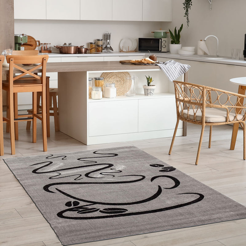 Grey Kitchen Rug, Trendy Coffee Rug, Cappuccino Pattern, Short Pile Kitchen Runner-zoom-